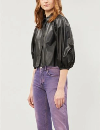 Shop Ganni Rhinehart Cropped Leather Shirt In Black