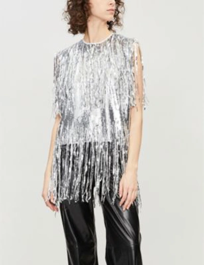Shop Msgm Fringed Sequinned Top In Silver 90