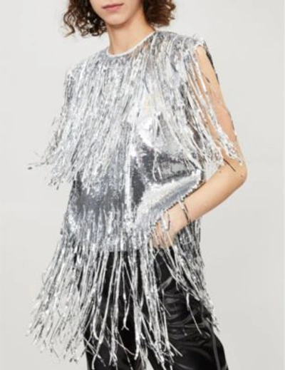 Shop Msgm Fringed Sequinned Top In Silver 90