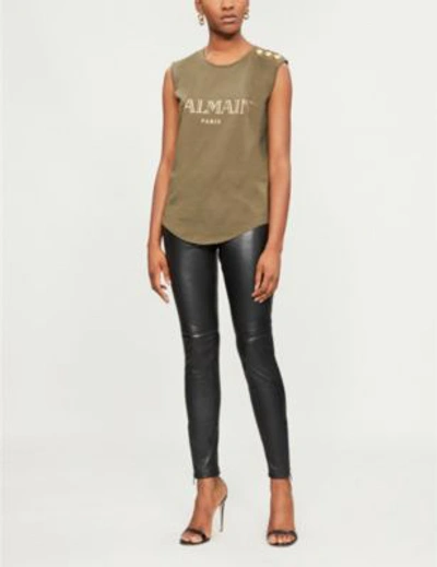 Shop Balmain Metallic Logo-print Cotton Top In Khaki