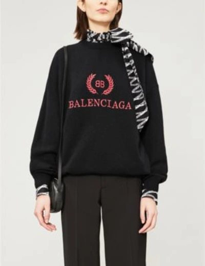 Shop Balenciaga Logo-embroidered Wool And Cashmere-blend Jumper In Black/red