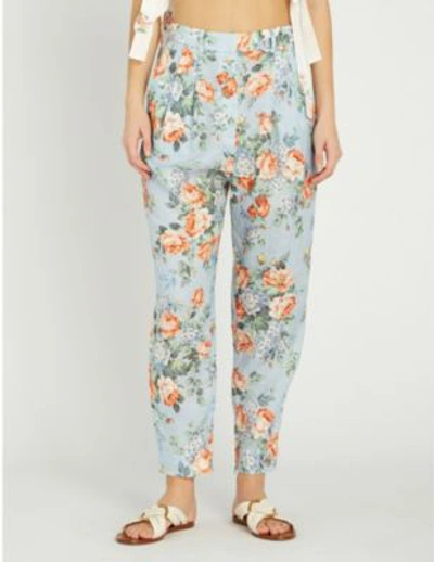 Shop Zimmermann Bowie Floral-print Linen Trousers In Lilac Flrl
