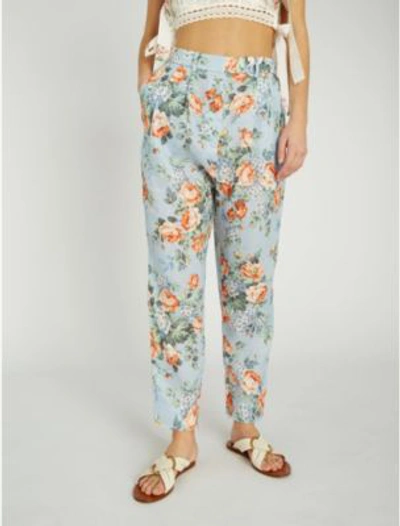 Shop Zimmermann Bowie Floral-print Linen Trousers In Lilac Flrl