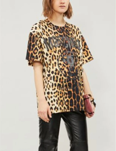 Shop Moschino Logo-print Leopard-print Cotton-jersey T-shirt In Brown