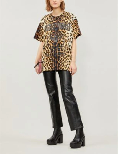 Shop Moschino Logo-print Leopard-print Cotton-jersey T-shirt In Brown