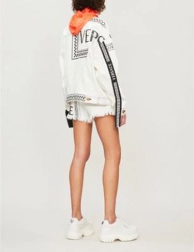 Shop Versace Hooded Denim Jacket In Denim White Orange