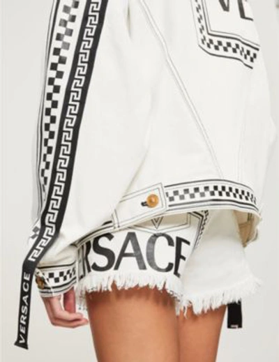 Shop Versace Hooded Denim Jacket In Denim White Orange