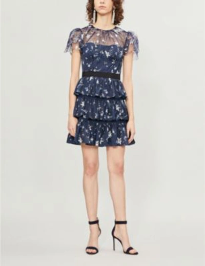 Self portrait Tiered Star Satin And Tulle Mini Dress In Navy