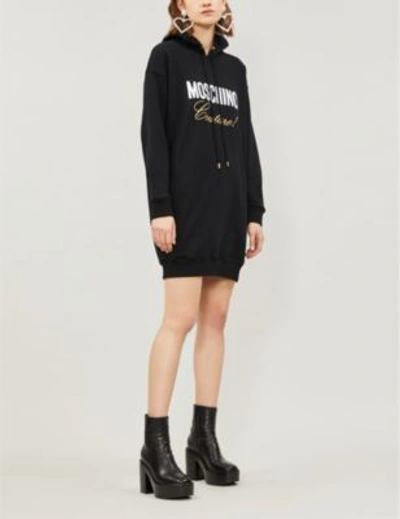 Shop Moschino Slogan-embroidered Cotton-jersey Hoody Dress In Black