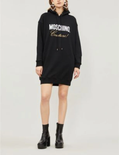Shop Moschino Slogan-embroidered Cotton-jersey Hoody Dress In Black