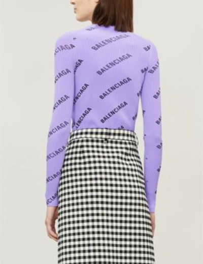 Shop Balenciaga Women's Lilac Purple And Black Logo-print Ribbed Jersey Top In Lilac/black