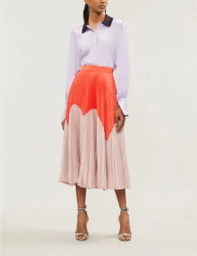 Shop Roksanda Ollyn Colour-blocked Pleated Crepe Skirt In Light Dawn Watermelon