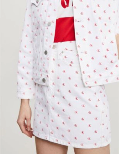 Shop Calvin Klein High-rise Logo-print Denim Mini Skirt In White/red Monogram