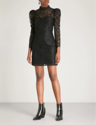 Shop Sandro Puff-sleeve Floral-lace Mini Dress In Noir