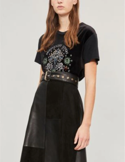 Shop Sandro Teresa ‘moonlight Lovers' Embroidered Velvet And Jersey T-shirt In Black