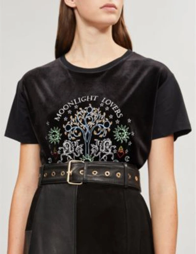 Shop Sandro Teresa ‘moonlight Lovers' Embroidered Velvet And Jersey T-shirt In Black
