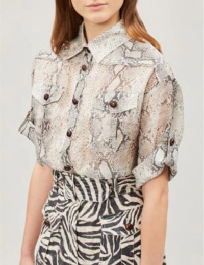 Shop Zimmermann Silver Corsage Safari Python-print Linen And Silk-blend Shirt