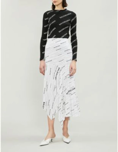 Shop Balenciaga White And Black Logo-print Jersey Midi Skirt In White/black