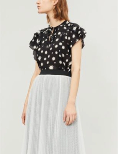 Shop Red Valentino Ladies Black Frilled Star-print Silk-crepe Top