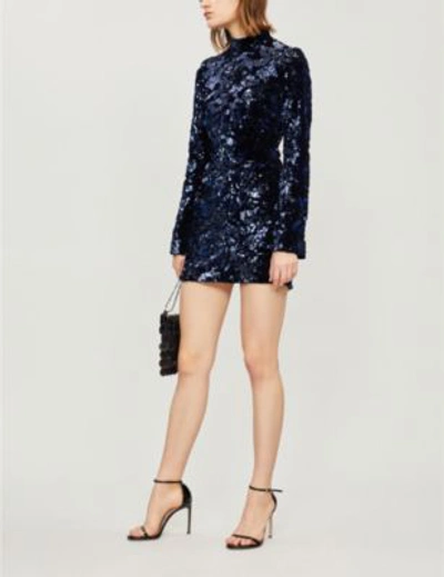 Shop Alexis Rhapsody High-neck Sequin-embellished Velour Dress In Navy
