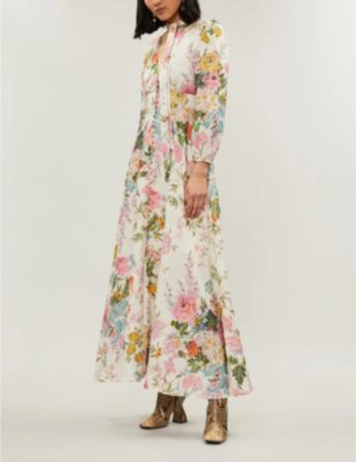 Shop Zimmermann Pink And White Garden Floral Heathers Plunge Floral-print Linen Dress In Gardenflrl