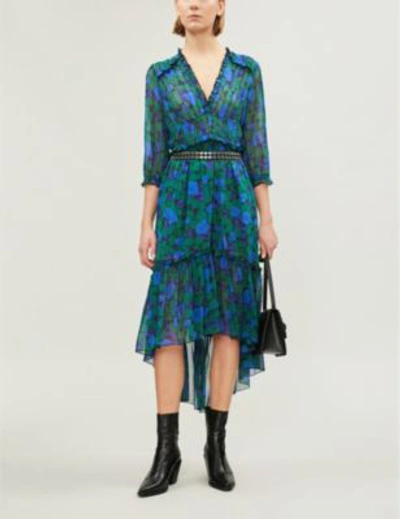 The Kooples Winter Night-print Frilled Silk-crepe Georgette Dress In Blu66  | ModeSens