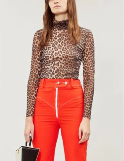 Shop Ganni Ladies Brown And Black Tilden Turtleneck Mesh Top In Leopard