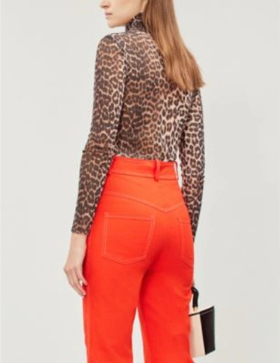 Shop Ganni Ladies Brown And Black Tilden Turtleneck Mesh Top In Leopard