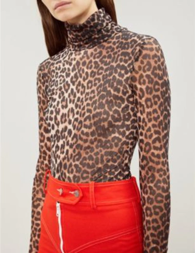 Shop Ganni Ladies Brown And Black Tilden Turtleneck Mesh Top In Leopard