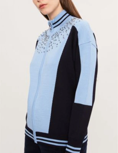 Shop Sandro Embellished Knitted Cardigan In Sky Blue