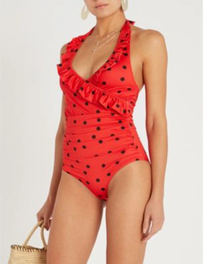 Shop Ganni Women's Fiery Red Rosedale Ruffle-trim Swimsuit