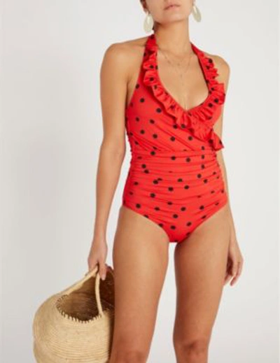 Shop Ganni Women's Fiery Red Rosedale Ruffle-trim Swimsuit