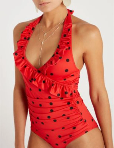 Shop Ganni Women's Fiery Red Rosedale Ruffle-trim Swimsuit