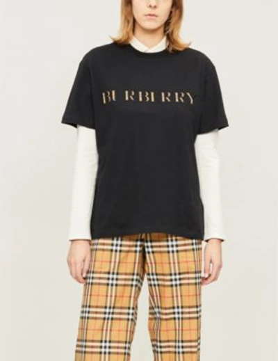 Shop Burberry Sabeto Logo-embroidered Cotton-jersey T-shirt In Black