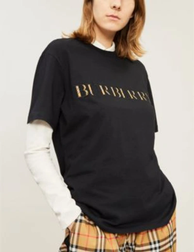 Shop Burberry Sabeto Logo-embroidered Cotton-jersey T-shirt In Black