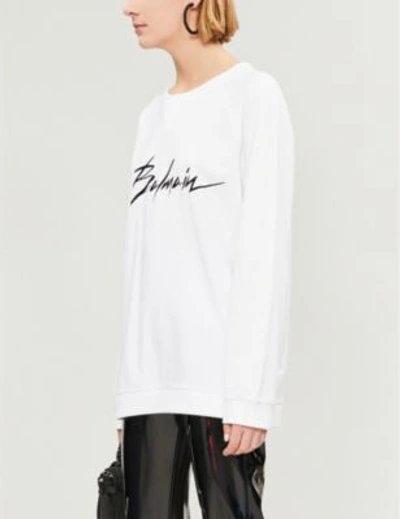 Shop Balmain Logo-print Cotton-jersey Sweatshirt In White