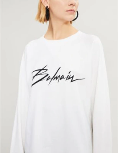 Shop Balmain Logo-print Cotton-jersey Sweatshirt In White