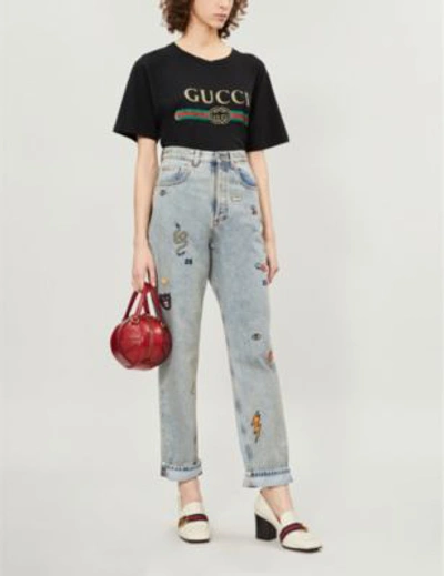 Gucci Cotton T-shirt With Vintage Logo Print In Black Printed