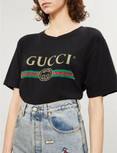 Gucci Cotton T-shirt With Vintage Logo Print In Black Printed