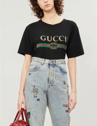 Gucci Cotton T-shirt With Vintage Logo Print In Black Printed