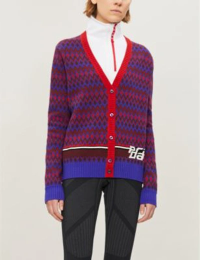 Shop Prada Logo-intarsia Wool And Cashmere-blend Cardigan In Viola