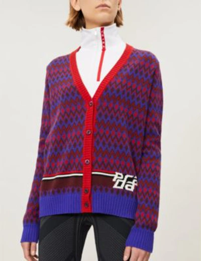 Shop Prada Logo-intarsia Wool And Cashmere-blend Cardigan In Viola