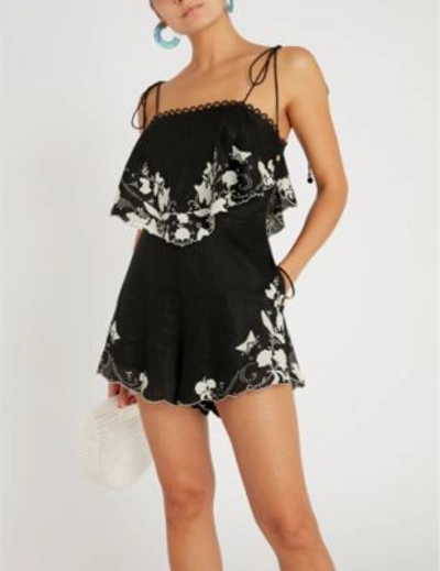 Shop Zimmermann Black Floral Embroidered Juniper Linen Playsuit