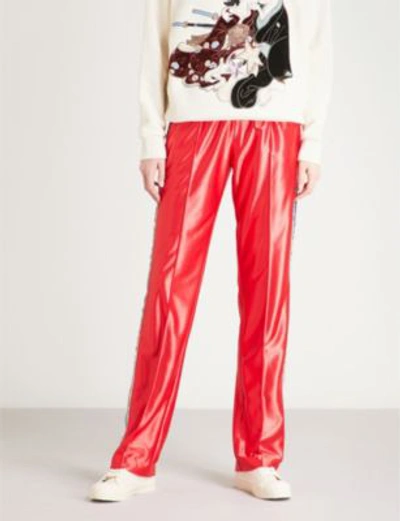 Shop Gucci Womens Red Stripe Sequin-embellished Satin Joggers
