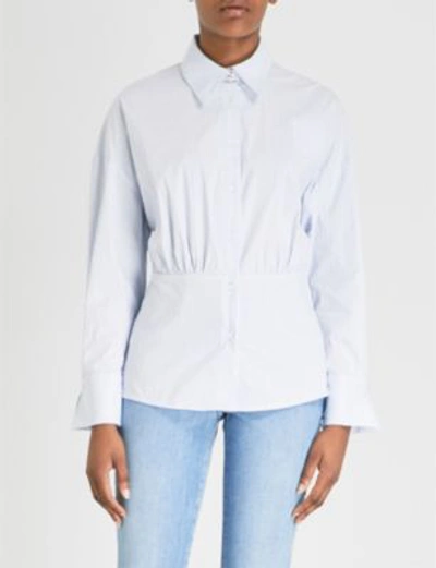 Shop Sandro Gathered Striped Cotton-blend Shirt In Sky Blue
