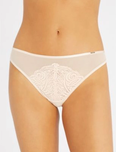 Shop Chantelle Pyramide Stretch-lace And Tulle Tanga Briefs In Golden Beige