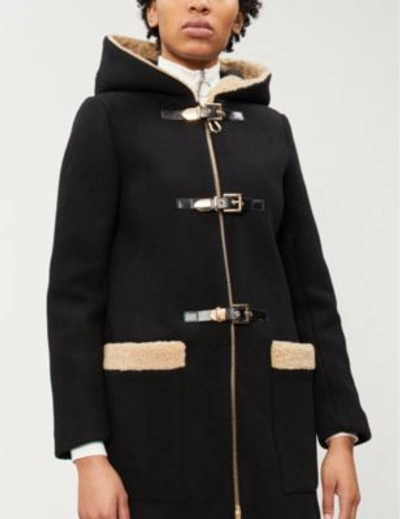 Shop Sandro Faux Shearling-trimmed Wool-blend Hooded Duffle Coat In Noir