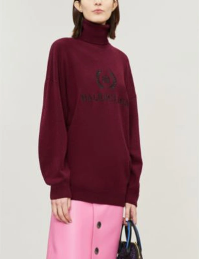 Shop Balenciaga Logo-embroidered Wool And Cashmere-blend Jumper In Berry/black