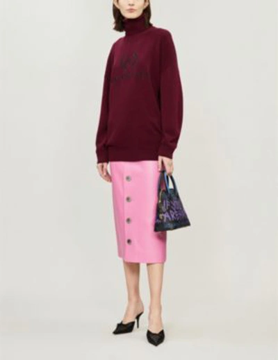 Shop Balenciaga Logo-embroidered Wool And Cashmere-blend Jumper In Berry/black