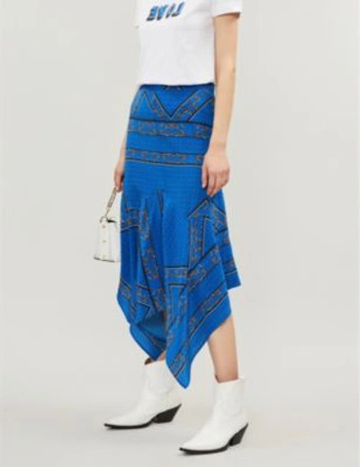 Shop Ganni Cloverdale Bandana-print Silk-crepe Midi Skirt In Lapis Blue